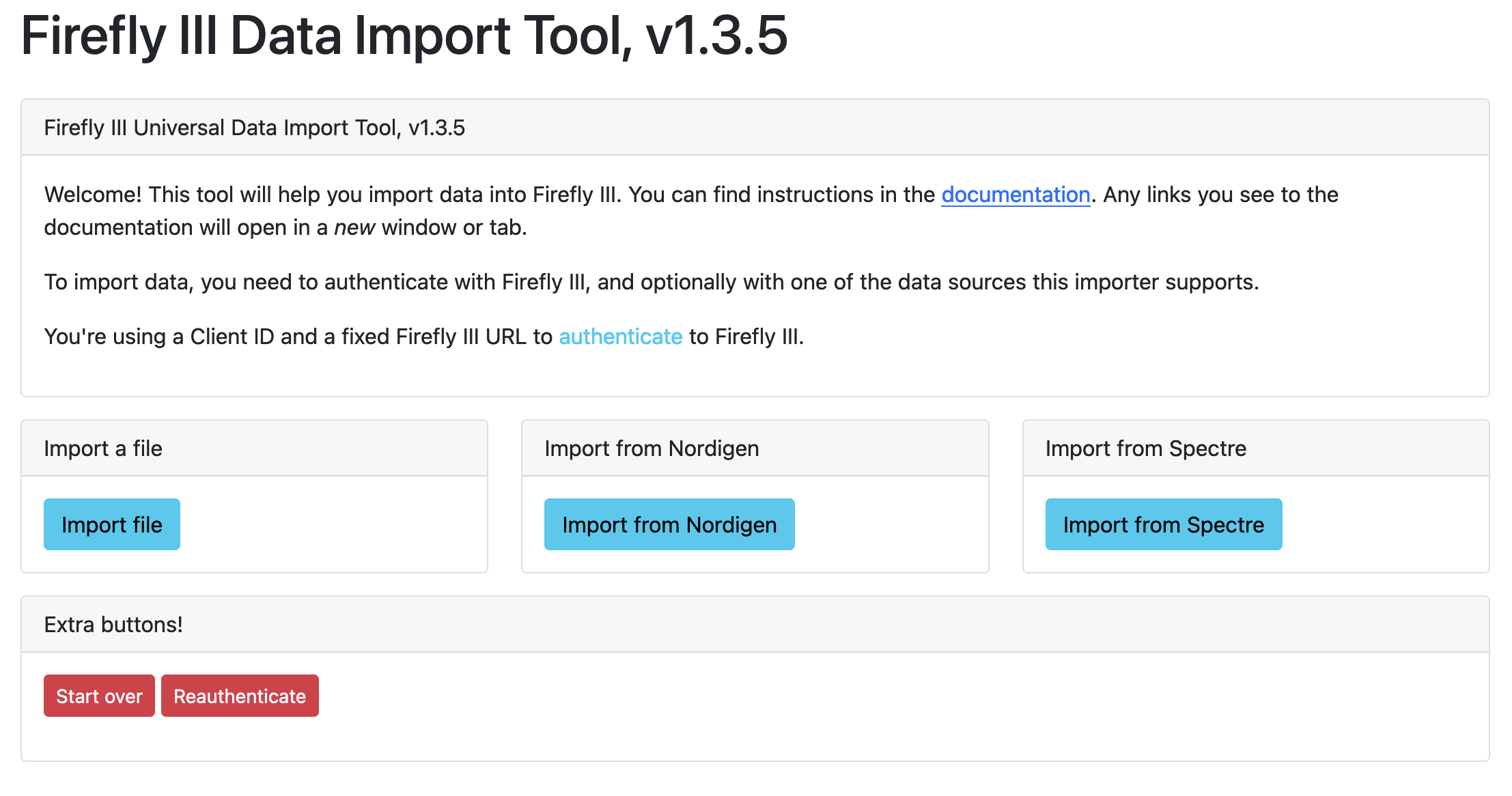 Opening screen of the data importer.
