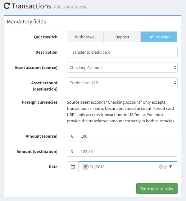 Likewise when you transfer money between two asset accounts, both currencies must have a monetary value.