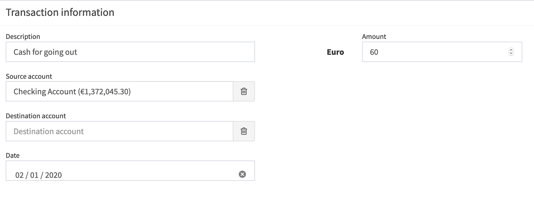 Making a new transaction for the (cash) account.