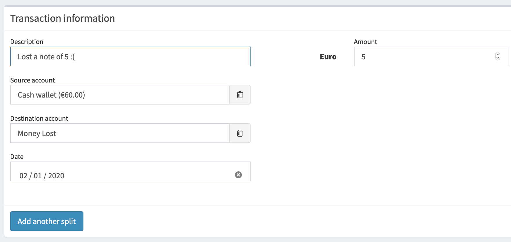 Create a transaction about money lost.