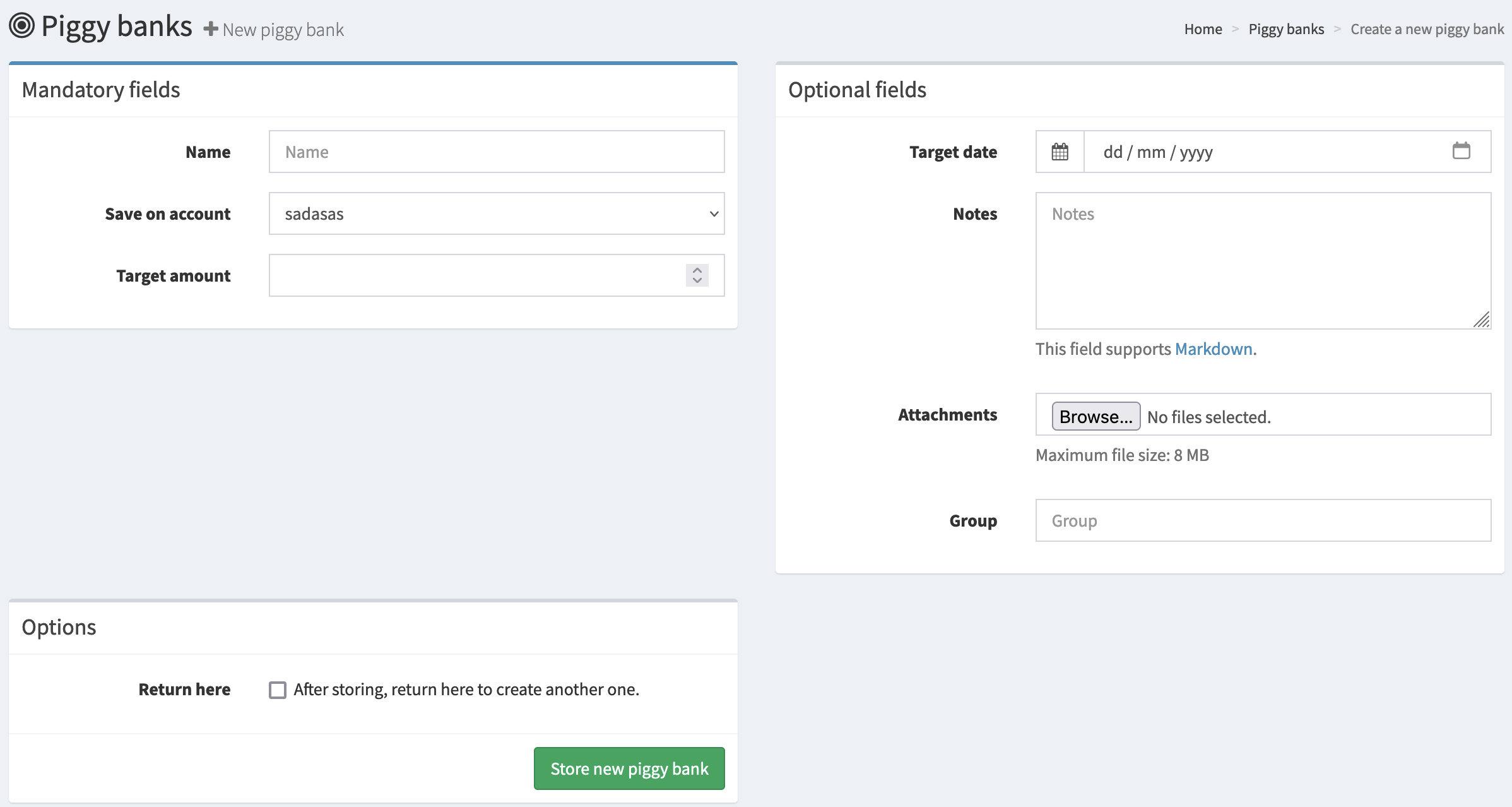 The screen to create a piggy bank is pretty straight forward.