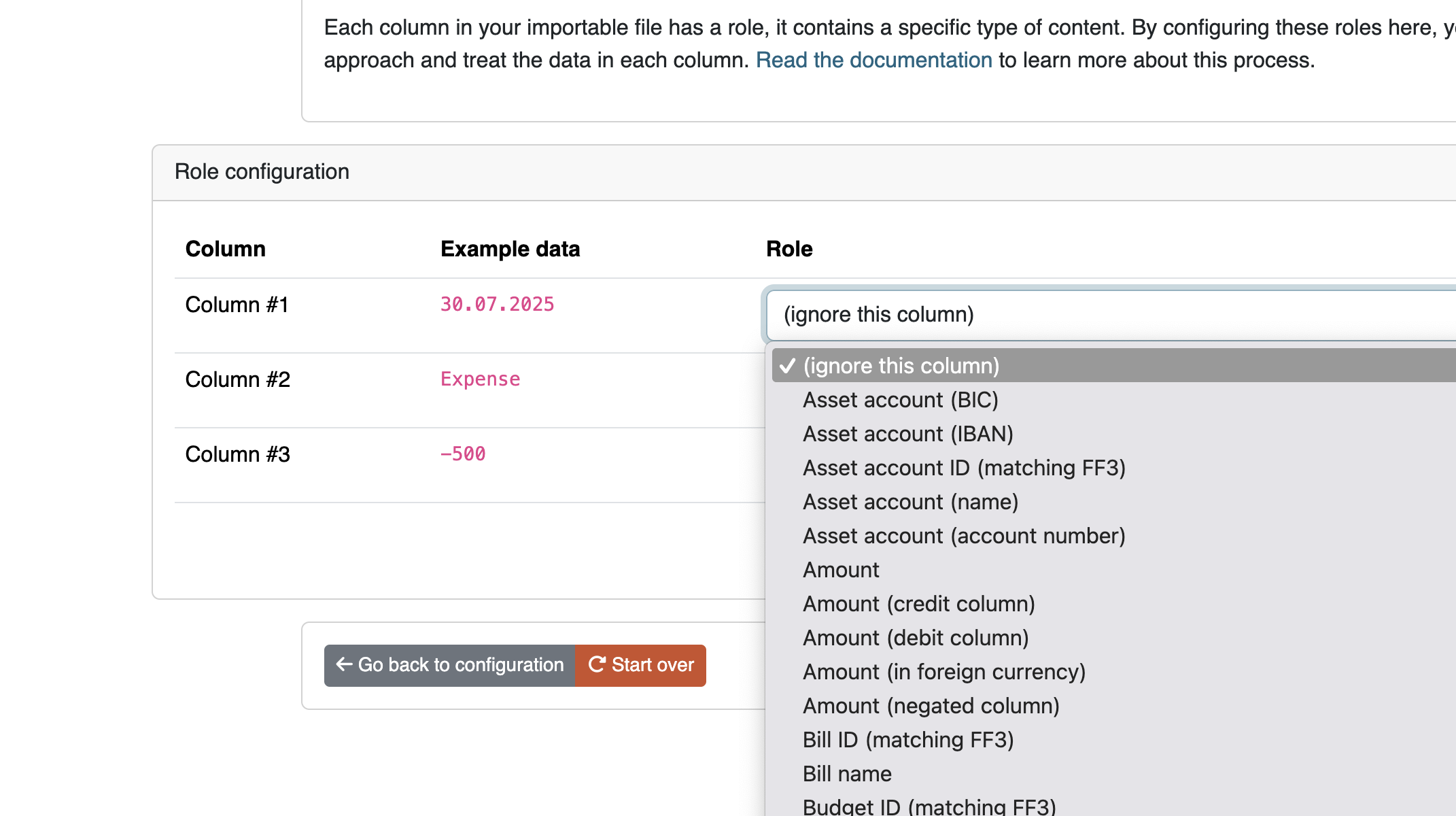 Role selection in the data importer Role selection in the data importer