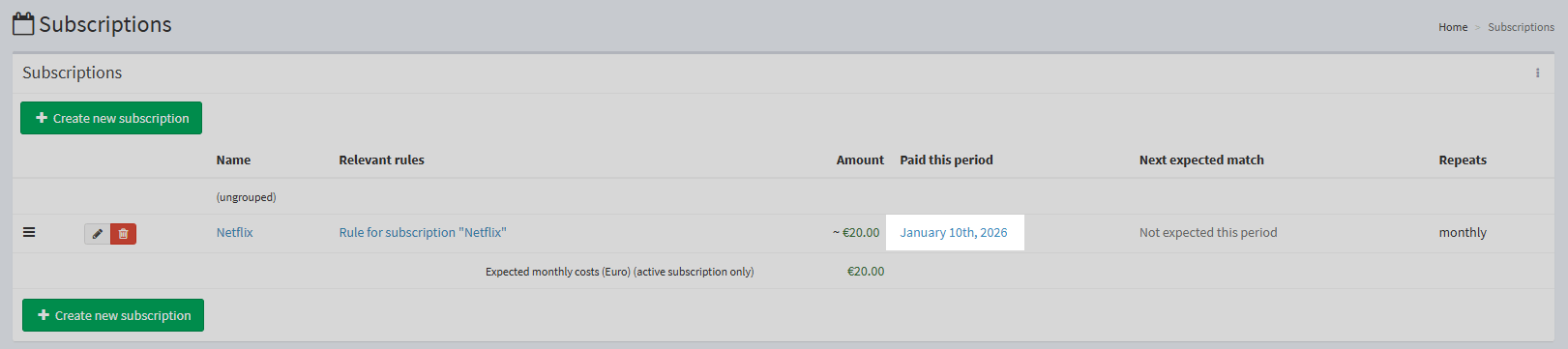 Subscriptions list - paid transaction